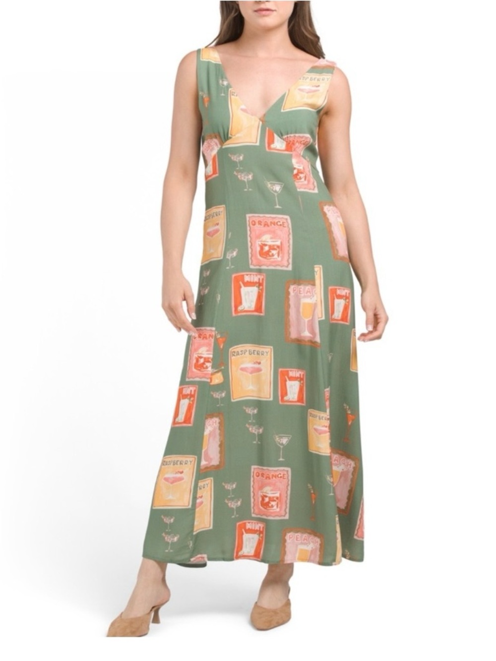 Sleeveless V-Neck Maxi Dress in Olive with Fruity Print